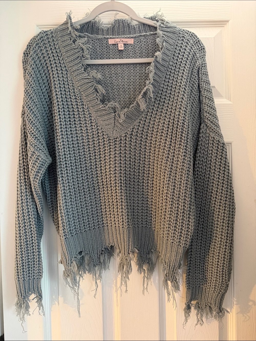 Love Tree Distressed V-Neck Sweater - Sage Green